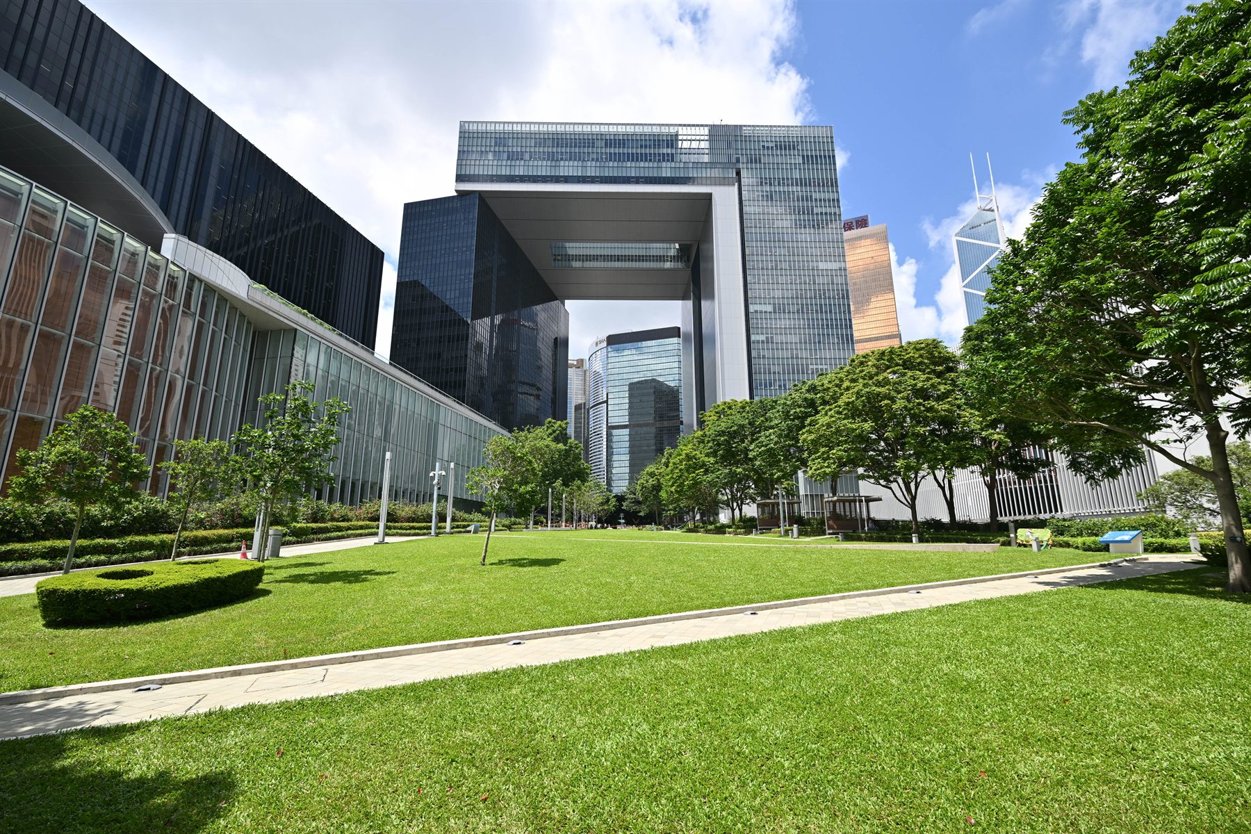 Hong Kong government complex with a green lawn
