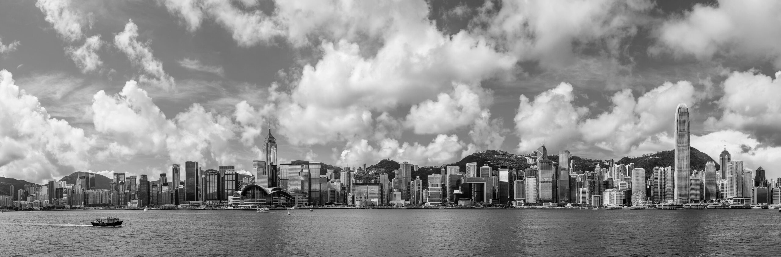Hong Kong Victoria Harbour east skyline on a clear day